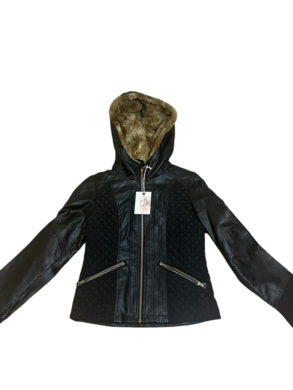 Jessica Simpson Black Quilted Faux-Leather Hooded Jacket Sz L (14-16)
